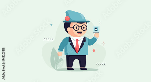 Cheerful cartoon businessman in suit and hat holds up a small device