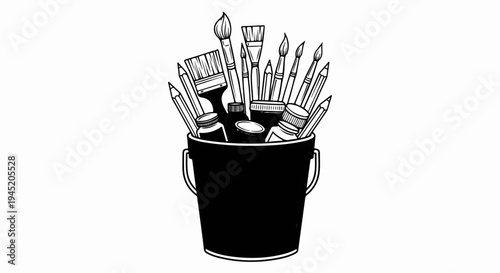 Black bucket filled with various art supplies including pencils and paint brushes