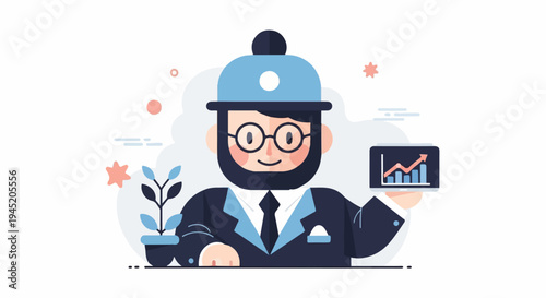 Bearded man in suit holds tablet displaying growth chart, plant nearby