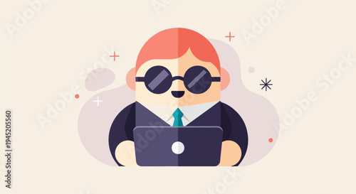 A stylized cartoon character in sunglasses holds a laptop