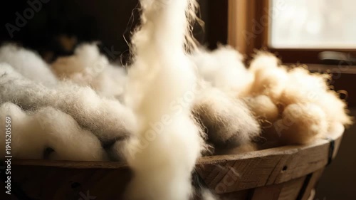 Natural wool fiber raw material, soft textile processing for craft. Rustic warmth and comfort from fluffy cotton basket display