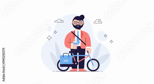 Bearded man in suit with glasses and coffee, next to a bicycle