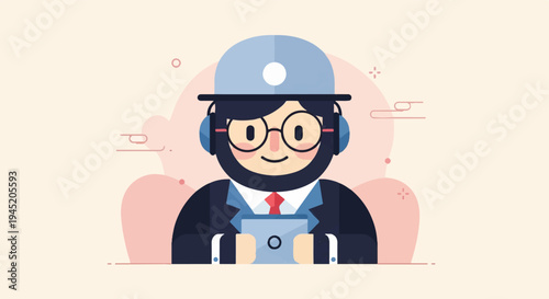 Cheerful cartoon character in hard hat, glasses, suit, and headphones holds tablet