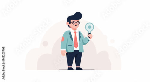 Cartoon man in suit and tie holds magnifying glass