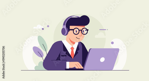 Cheerful person wearing headphones and glasses works on a laptop