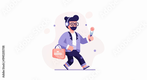 Cartoon character, a reporter with headphones and microphone, walks purposefully