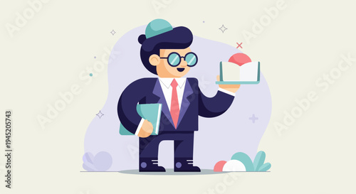 Cheerful cartoon figure in a suit holds a book and a tray with a cake