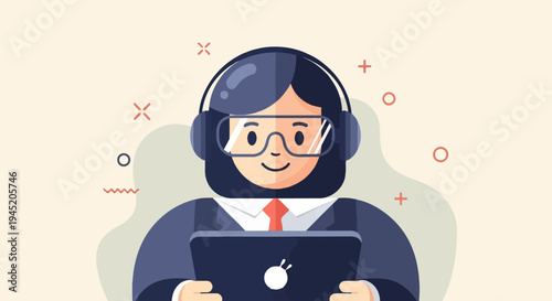 Cheerful person with headset and glasses holds a tablet