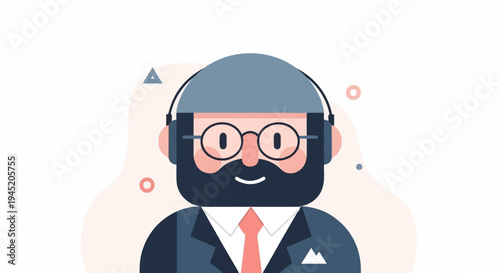 Cartoon man with beard, glasses, and headphones wears a suit and tie