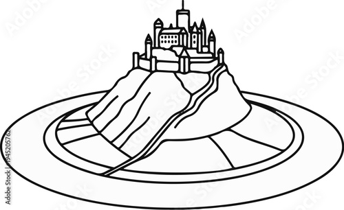 A stylized drawing of a castle atop a hill, set within a circular base