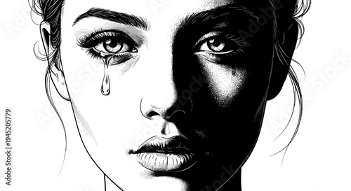 Emotional Woman Crying with Half Face in Shadow - Dramatic Black and White Portrait