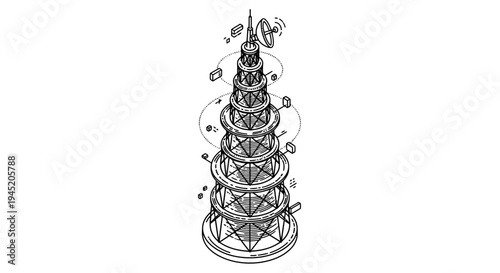 Exploded View of a Communication Tower, Antenna, and Satellite Dish