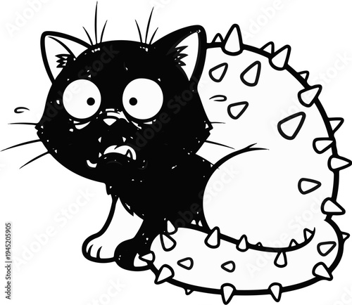 Black cat in distress, its tail covered in sharp spikes