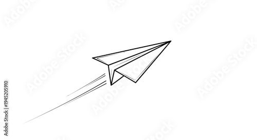 Hand Drawn Paper Airplane Flying Fast with Motion Trails, Simple Line Art