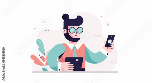 Bearded man with glasses holding tablet and phone, smiling