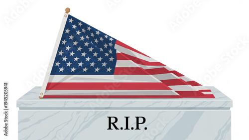 American flag on a marble tombstone with rip inscription symbolizing respect and tribute