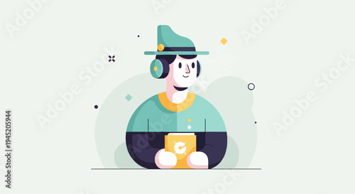 Cheerful character in a hat and headphones holds a yellow item with a symbol