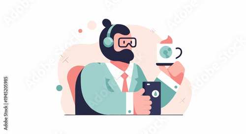 Bearded man with headphones and glasses holds a phone and coffee