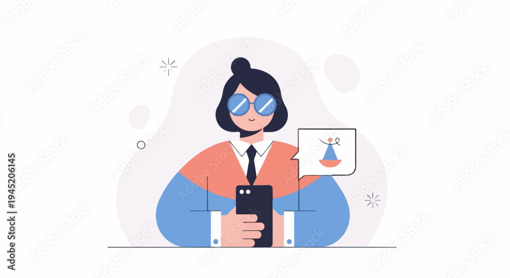 Fototapeta premium Animated woman in glasses texting, with a speech bubble showing a balance scale