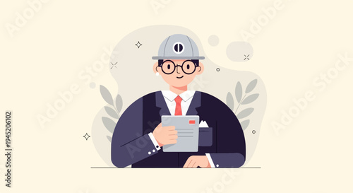 Cartoon person in hard hat and suit holding paper document