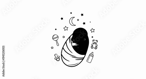 A sleeping infant is surrounded by toys, stars and a crescent moon