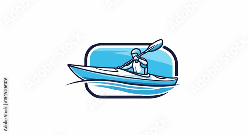 Blue kayak with paddler on water, framed by dark blue outline