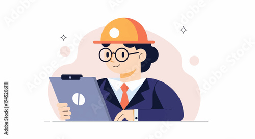Cartoon person in hard hat, glasses, suit, and tie with clipboard