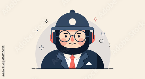 Cheerful cartoon man with headphones, glasses, and beard in formal attire