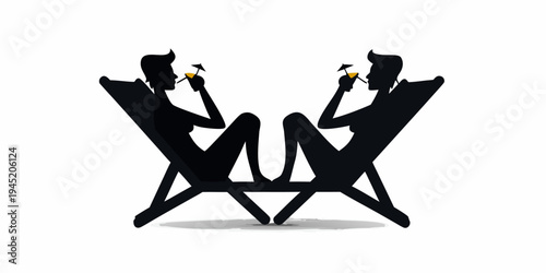 Couple relaxing on beach chairs with cocktails, silhouette illustration, summer vacation concept, silhouettes of a man and woman sitting in beach chairs, toasting with cocktails