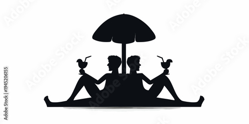 Two people sitting under umbrella with drinks, silhouette graphic, summer vacation concept, image symbolizes shared summer relaxation and holiday enjoyment, white background
