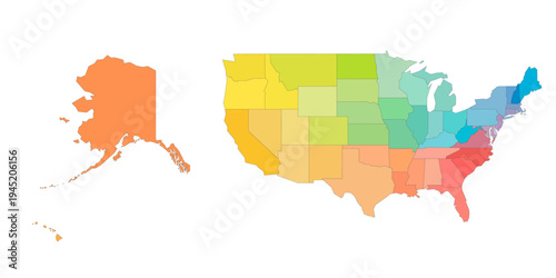 United States of America political map of administrative divisions - states and federal district Washington, D.C. Rainbow spectrum colorful blank vector map.