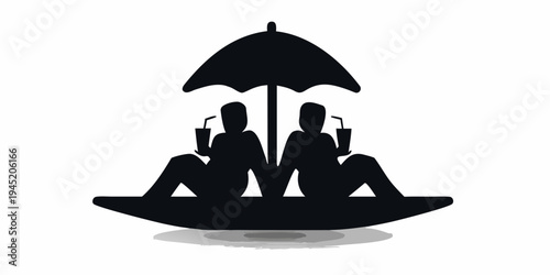 Couple under umbrella on beach, silhouette illustration, summer relaxation and vacation theme, graphic represents a peaceful summer escape and shared vacation moments