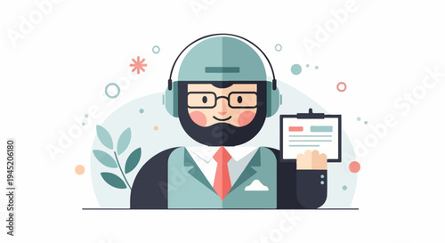 Cartoon man with headset and clipboard, surrounded by abstract shapes