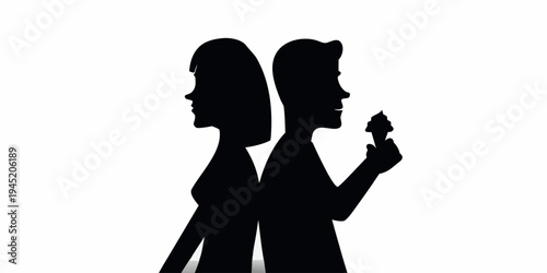 Couple back to back with ice cream, silhouette illustration, shared treat and fun, graphic conveys shared enjoyment, summer treats, or a fun moment together