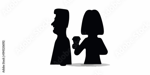 Couple with coffee cups, silhouette illustration, morning routine or break concept, minimalist silhouette graphic of a man and woman, each holding a coffee cup