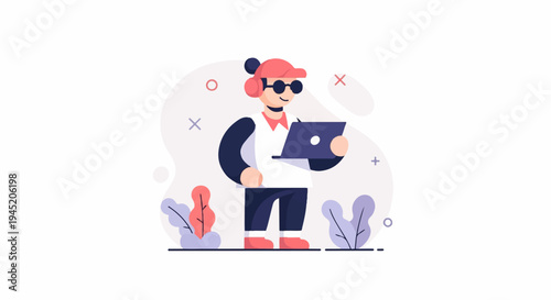 Cartoon person in headphones and sunglasses holds laptop, surrounded by plants and shapes