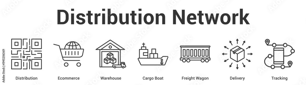 Obraz premium Distribution Network web banner icon set vector illustration concept for business with icon of Distribution, Ecommerce, Warehouse, Cargo Boat, Freight Wag.