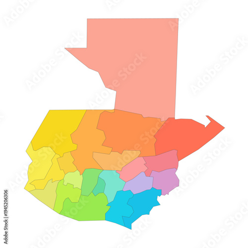 Guatemala political map of administrative divisions - departments. Rainbow spectrum colorful blank vector map.