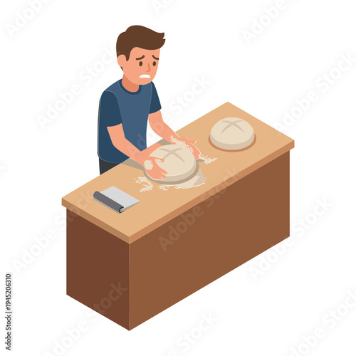 Man kneading dough on a floured table with rolling pin nearby