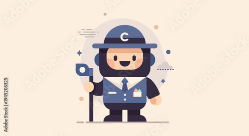 Cheerful cartoon ranger with hat holding a flag and wearing a suit