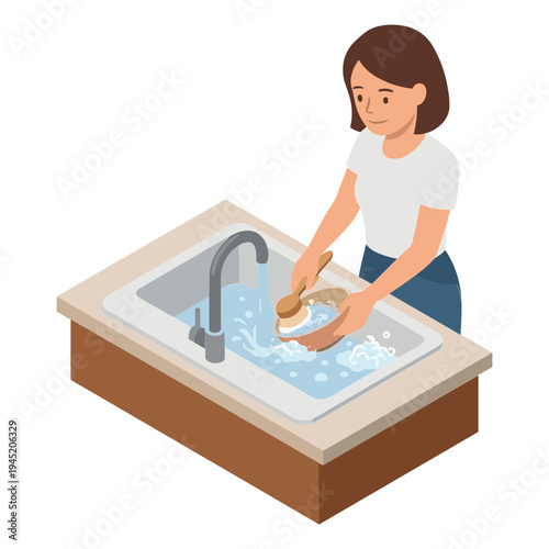 A woman is washing a plate in a kitchen sink with running water.