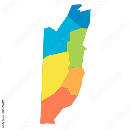 Belize political map of administrative divisions - districts. Rainbow spectrum colorful blank vector map.