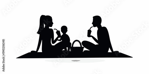 Family picnic silhouette with drinks and basket, representing togetherness, outdoor leisure, and happy family moments, perfect for themes of family bonding, summer, and relaxation