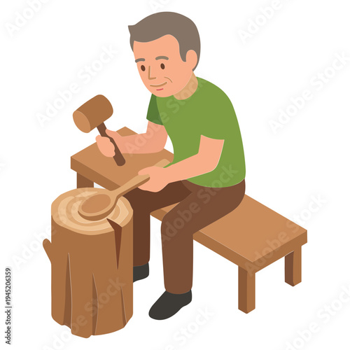 A man is chiseling on a wooden log with a mallet and chisel.