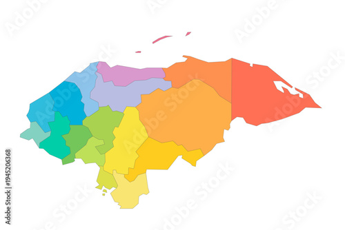 Honduras political map of administrative divisions - departments. Rainbow spectrum colorful blank vector map.