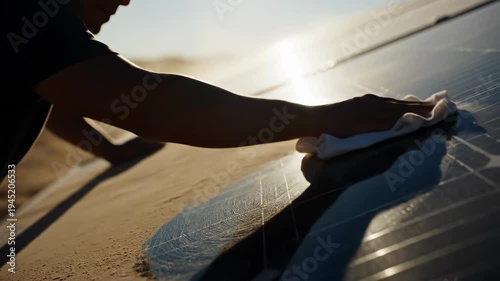 Diligent worker carefully cleans solar panel surface under bright sun, ensuring optimal sustainable energy for hopeful future