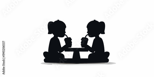 Two girls silhouette sitting at a table drinking from cups, depicted in a minimalist black and white graphic style, image evokes a sense of shared drinks and companionship