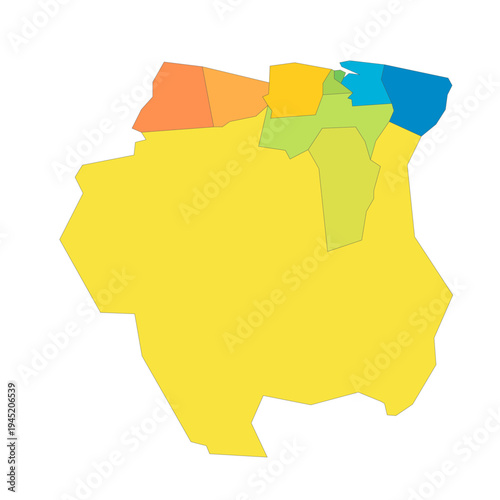 Suriname political map of administrative divisions - districts. Rainbow spectrum colorful blank vector map.