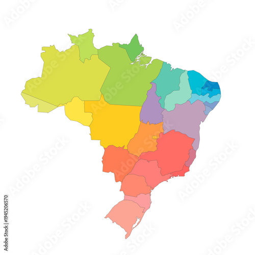 Brazil political map of administrative divisions - Federative units of Brazil. Rainbow spectrum colorful blank vector map.