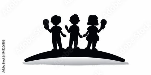 Three children silhouettes standing on a hill holding ice cream cones, in a simple black and white graphic, image represents childhood fun and sweet treats